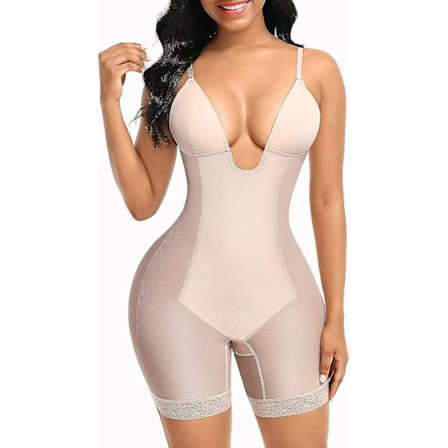 FeelinGirl Backless Shapewear för kvinnor Magkontroll Seamless Body Mesh Inbyggd BH Faja Body Shaper med U Plunge S-3XL