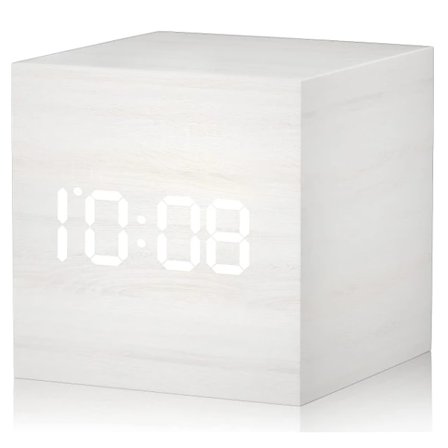 Digitalt vækkeur i træ med LED-lys, multifunktionelt, moderne terningdisplay, dato, temperatur, velegnet til rejser, hjem og kontor (hvid)