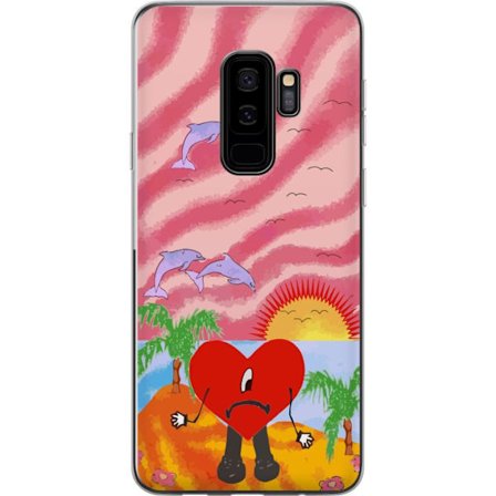 Kompatibel Mobilcover til Samsung Galaxy S9+ Bad Bunny i en farverig quiltet jakke med hjertemønster og solbriller i moderne gade stil