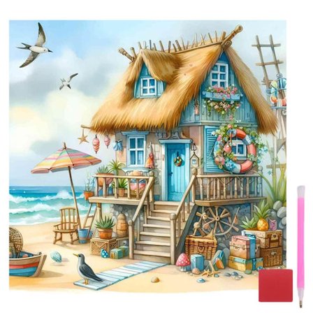 Diamantmalerier med havudsigt til voksne, DIY landskabsdiamantsæt til begyndere, runde fuldborede diamantmalerier til boligvægsdekoration, gave