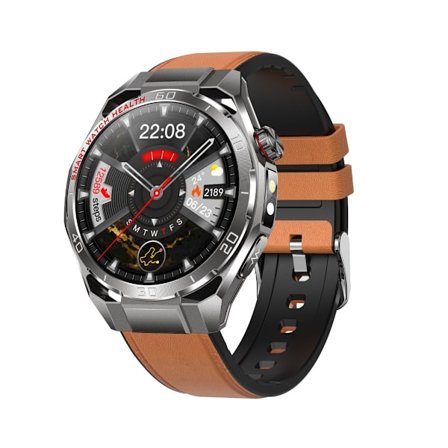 Smartwatch kompatibelt med Android og iOS - brun læder+gummi rem, 1.47in AMOLED, ECG support