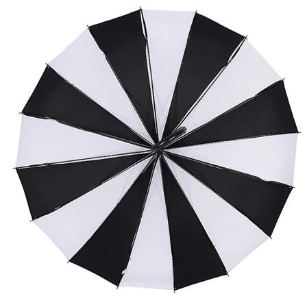 Elegant Langskaftet Vindtæt Paraply Sol Regn Brug 16 Ribber Sort Hvid Design Pagode Type