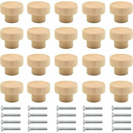 Set med 20 runda trähandtag för möbler, naturliga träknoppar för skåp