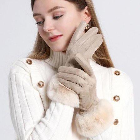 Naisten talviset muodikkaat lämpimät kosketusnäyttökäsineet, naisten tyylikkäät pehmeät ohuet fleece-tuulenpitävät mokkanahkakäsineet, beige