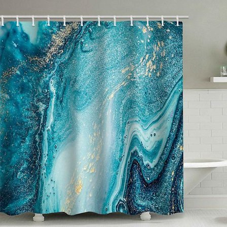 Blågrön Texturerad Duschdraperi, Vattentätt Duschdraperi i Badrumstyg med 12 Plastkrokar