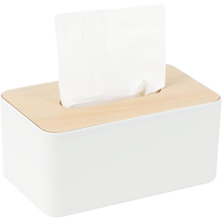 Serviettholder med bambuetopp, rektangulær, plast, 21 * 13 * 9,5 cm, serviettdispenserboks for stue, kontor, bil, bad (hvit)