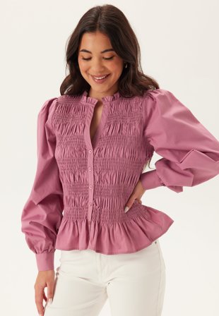 BUBBLEROOM - V-neck Cotton Smock Blouse - Old rose