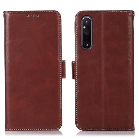 Timubike phone case i äkta kohud för Sony Xperia 1 V Crazy Horse Texture Rfid Blockeringsställ Plånboksskal Brown