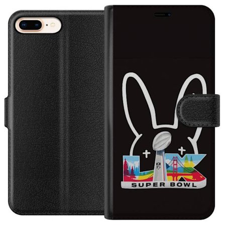 Kompatibelt Lommeboketui til Apple iPhone 8 Plus Bad Bunny portrett med åpen skjorte, tatoveringer og krøllete hår i stilfull motefotografering