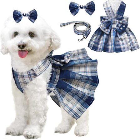 Hundsele och koppelset, söt rutig hundklänning med fluga och pärlor, vår sommar prinsessoutfit för små hundar – födelsedag Hol