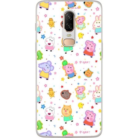 Kompatibel Mobilcover til OnePlus 6 Farverige tegneserie dyrekarakterer i en legende stil med stjerner og prikker på en lys baggrund