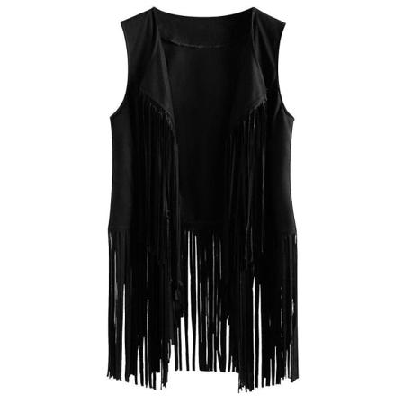 1970-talets Kvinnors Tassel Ärmlös Kavajslag Väst 70-talets Hippie Konstgjord Mocka Fransad Väst Kavaj Cardigan Black M