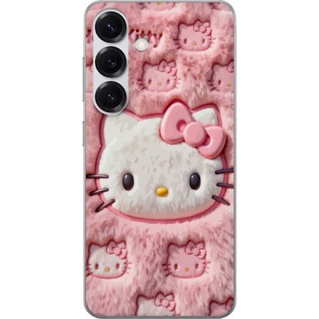 Kompatibel Mobilcover til Samsung Galaxy S25 Hello Kitty lyserød fluffy baggrund med ikonisk ansigt og kawaii-æstetik