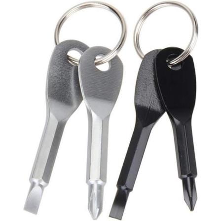 CDQ 2 st miniskruvmejslar nyckelringficka i rostfritt stål verktyg platt och kors, silver och svart
