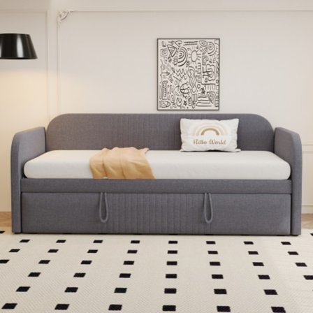 Verhoiltu sänky 90/180x190 cm Harmaa jatkettava - Sälepohjalla, pellavakangas, pystysuorat raidat