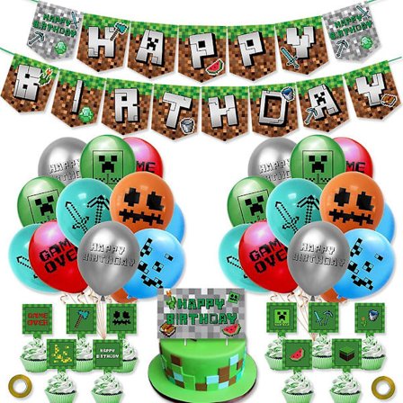 Minecraft Mc Ps4 Xbox Switch Game Birthday Party Sequin Balloon Pull Flag Set