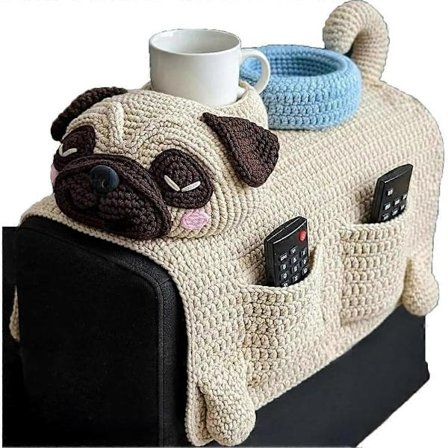 Hæklet kat/hund sofa armlæns opbevaringspose, kan indeholde fjernbetjening, mobiltelefon, snacks, kopper og har en indbygget holder.