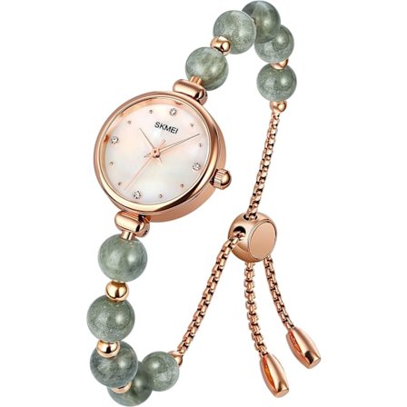 Elegante dameur med perler, analogt quartz ur med rhinestone armbånd, kjoleur til kvinder, vandtæt armbåndsur med rosaguld armbånd