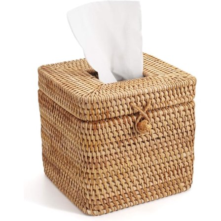 Fyrkantig Tissue Box Omslag i Rattan (Naturfärg), 15 x 15 x 15 cm, Dekorativ Vävd Ansiktsservetthållare med Gångjärnsförsett Lock