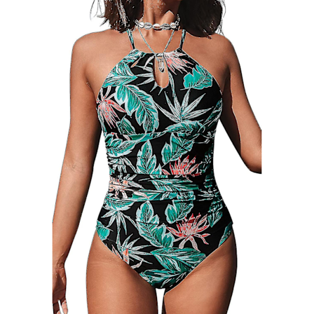 Kvindebadedragt i ét stykke med høj hals, strandbadetøj med rynket mavekontrol, badedragt