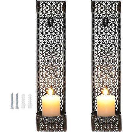 2 stk. vægmonteret lysestager i smedejern med åbent mønster