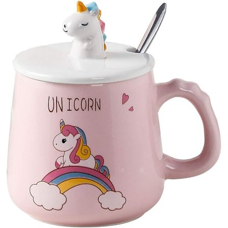 Søt enhjørning keramisk krus, kaffekopp med nydelig 3D enhjørninglokk, rustfri stålskje, nyhet tegneserie morgenkopp julekrus