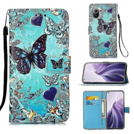Kompatibel med Xiaomi Mi 11 Etui Læder Flip Wallet Cover med Kortlomme Holder Kickstand Mønster - Hjerte Sommerfugl