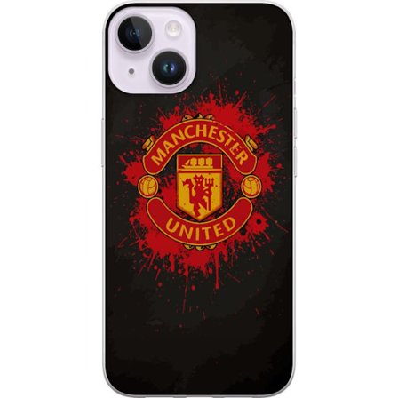 Kompatibelt Mobildeksel til Apple Apple iPhone 15 Plus Manchester United logo i rød og gul farge med røff sportslig bakgrunn
