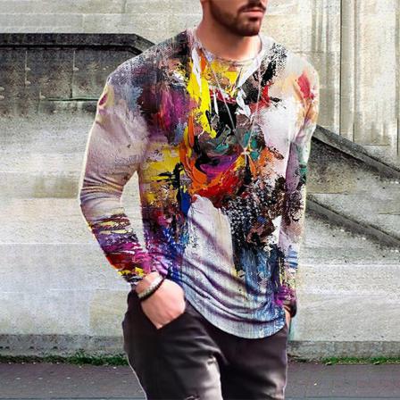 Män Långärmad Basic Tee Tie Dye Crew Neck Color Block Tops