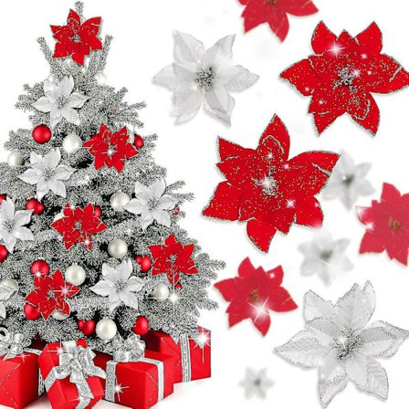 40 stk julestjerner kunstige juleblomster med 40 stk clips og 40 stk stilke rød sølv juleblomster glitter