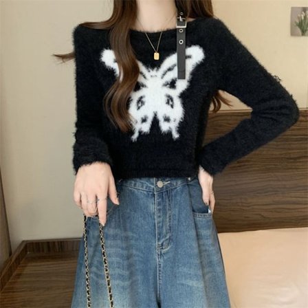 Enfärgad stickad tröja Butterfly axelbandslös tröja SVART