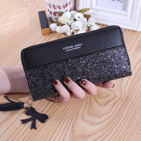 Dame Glitter Pung Lang Lynlås Pung SORT