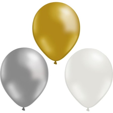 Biohajoavat lateksi-ilmapallot 12-pakkaus, kulta, hopea ja valkoinen - 30 cm | Juhlat & Syntymäpäiväkoristeet