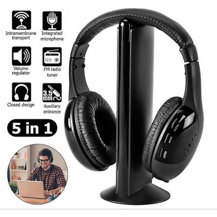 5-i-1 Hi-Fi Trådlöst Headset Hörlurar Öronproppar för FM-radio TV DVD MP3 PC