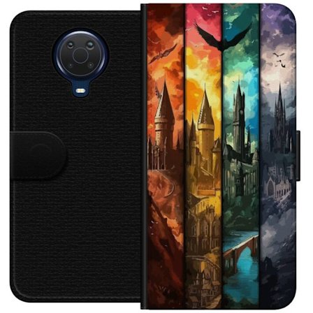 Kompatibel Tegnebogsetui til Nokia Nokia G20 Fire magiske slotte i forskellige elementfarver, episk fantasykunst med ild vand luft og mørke i detalje