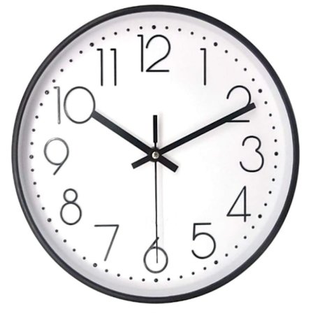 8-tommers moderne veggklokke, stilig svart ramme, hvit bakgrunn
