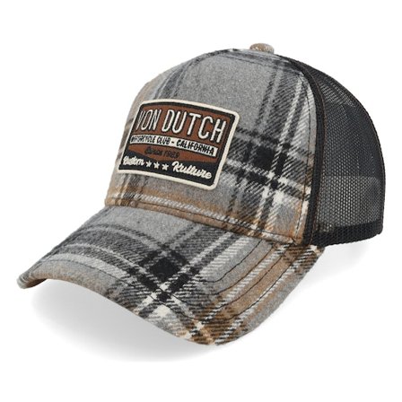 Von Dutch - Gris trucker Gorra - Flannel Patch Brown/Grey/Black A-Frame Trucker @ Hatstore