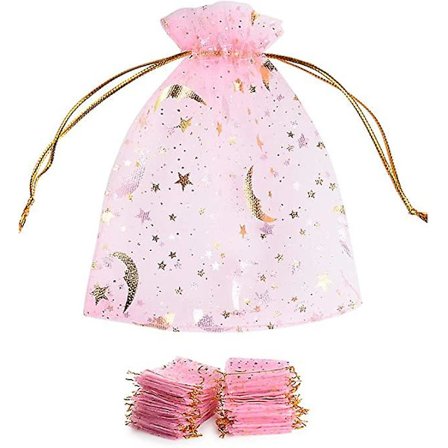 100 stk. Organzaposer 9 * 12cm Sukkerpose Smykkeposer Drageeposer Stjerne Måne Mønster Varmtryk Til Fest Bryllup Slik Chokolade Jul