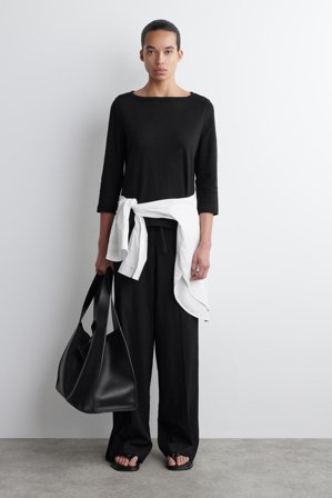 COS Women's Top In Cotone Con Maniche A 3/4 in Nero