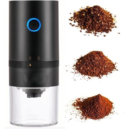 Bärbar elektrisk kaffekvarn gör 4 koppar espresso. Mal grovt, medium-fint och extra-fint kaffe. USB-uppladdningsbar. Svart