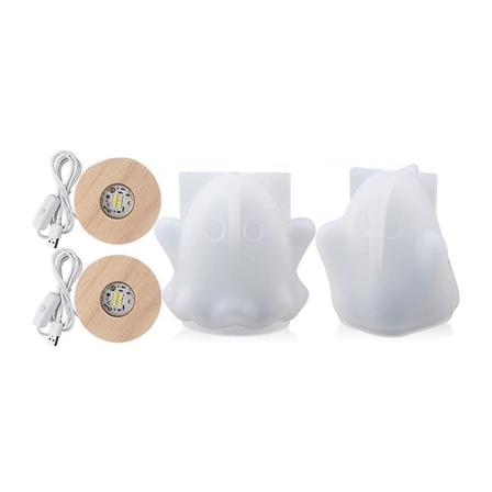 Silikonlampeformer for harpiks, spøkelsesnattlampe harpiksformer med 2 stk usb glødende bunnfeste av tre White