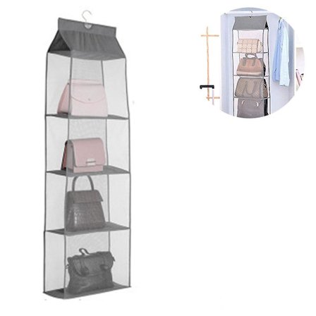 Avtagbar Hängande Handväska Plånboksorganisatör För Garderob, Väska Förvaring Hållare För Garderob Med 4 Hyllor Platsbesparande Väska Organisatör Grå
