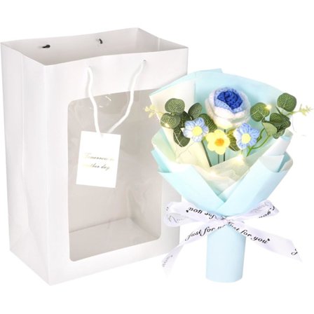 Hæklet Blomsterbuket, Håndlavet Strikket Rose & Puff Blomsterarrangement til Boligindretning, Bryllup, Lærerdag, Fødselsdagsgave – Blå