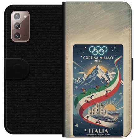 Yhteensopiva Lompakkokotelo Samsung Galaxy Note20 Mäkihyppykuvitus, jossa hiihtäjä tähtää kiväärillä lumisella radalla, teksti Milano Cortina 2026 ja