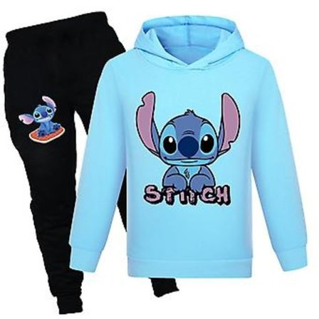 Stitch-trykket treningsdrakt for barn, gutter, jenter, unisex, hettegenser, hettegenser, joggebukse, casual sett, sportsdrakt (13-14 år, lyseblå)