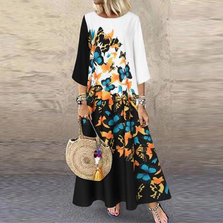 Uk Womens Summer 3/4 Sleeve O-neck Party Klänning Lång Klänning Holida