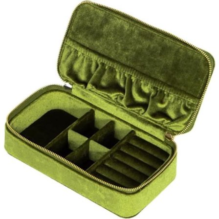 Smyckeskrin i sammet - resesmyckeskrin - för halsband, örhängen, ringar, armband - grön