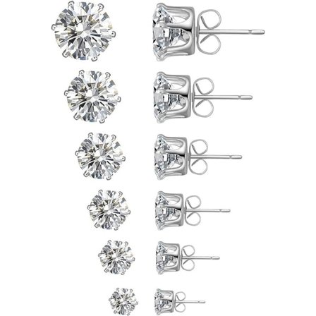 CDQ 6 Par Örhängen Set, 316L Rostfritt Stål Klar Cubic Zirconia Örhängen För Kvinnor Män 3-8mm