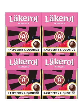 Sugar free licorice pastilles with raspberry flavour, with sweeteners.