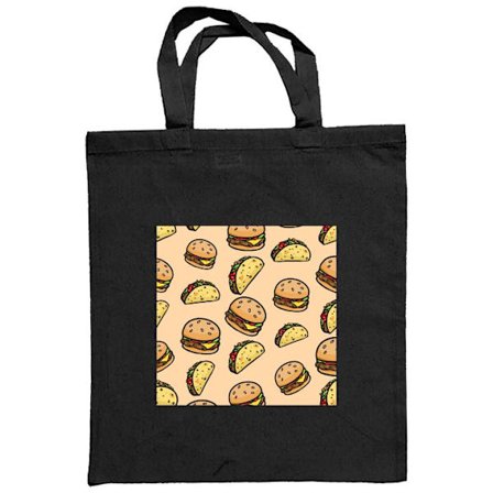 Stofpose Hamburger og tacos i tegneseriestil med smeltet ost, salat, sprøde skaller og sjove figurer. Farverigt streetfood-tegning.